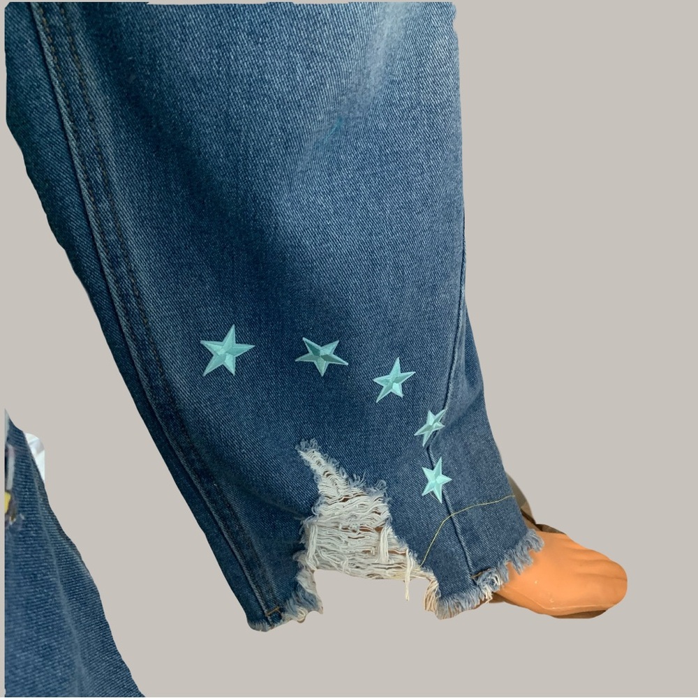 Upcycled Embroidered, Patched, and Distressed Barrel Jean with a Caribbean Theme - Picture 13 of 14